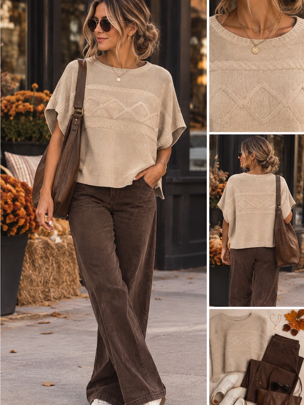 Chaps Beige Cable Knit Sweater Cape Poncho Cotton Blend | Size S/M